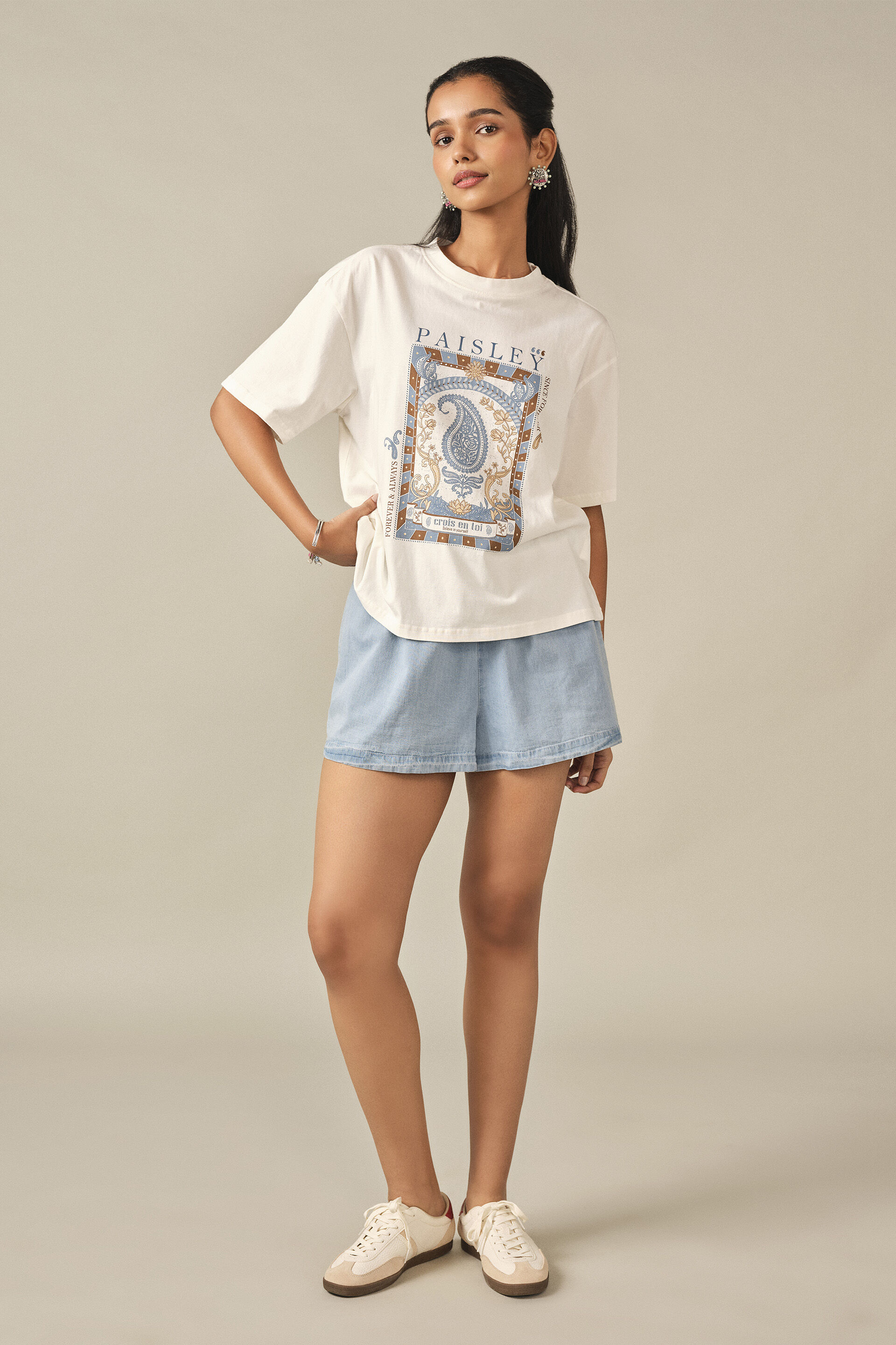 Printed Cotton T-shirt in White, White, image 3